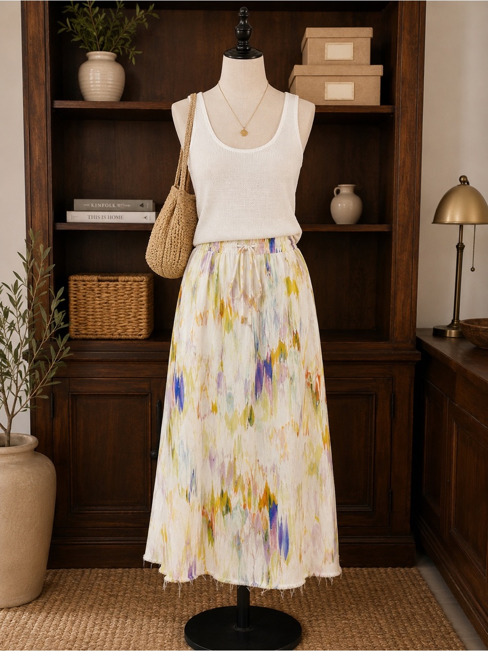 Rodebjer Claire Sungaze Skirt XL Abstract Watercolor Print Drawstring Midi Art